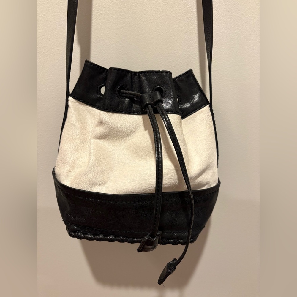 Isabella Fiore black and white leather and fur bucket bag